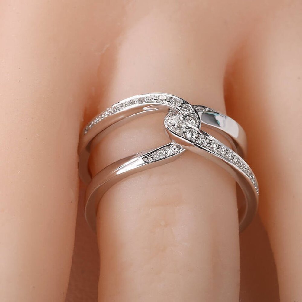 3/$35 Silver Pave Zircon Crossover Interlocking Knot Ring Double Band Statement
